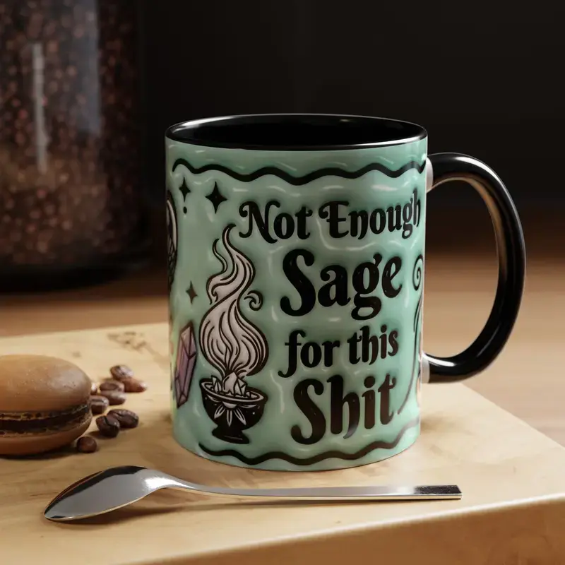 2D Flat Witchy/Wiccafun quote mug 'Not enough Sage for this shit' Funny Mug, 11oz Ceramic Coffee Mug