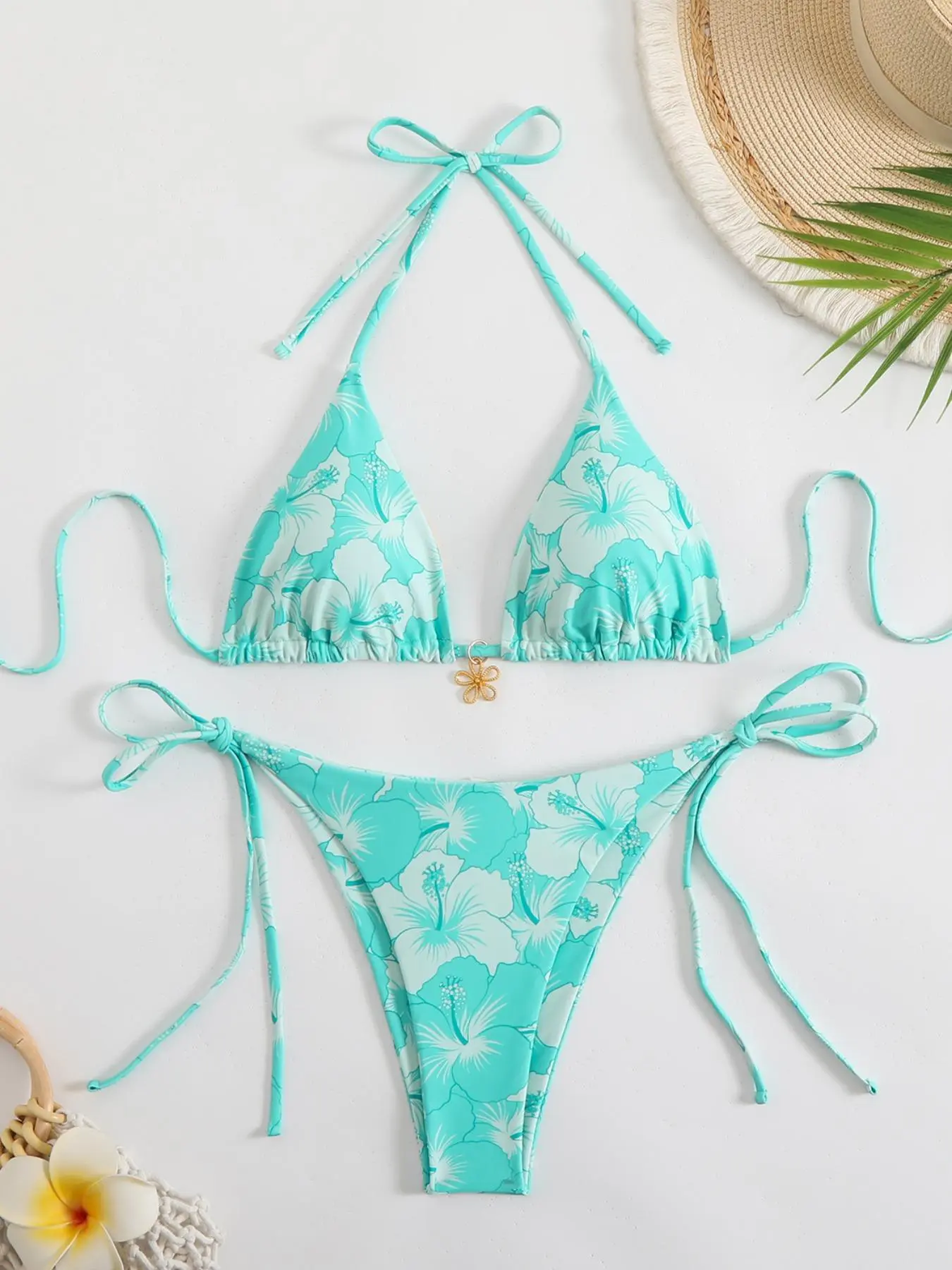 Two-Piece Set Women's Floral Print Bikini Set, Bikinis Set, Casual Chic Swimwear Set for Beach Holiday Vacation, Halter Bikini
