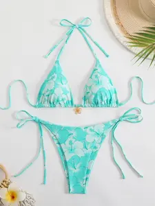 Two-Piece Set Women's Floral Print Bikini Set, Casual Fashion Chic Swim Top & Swim Bottom Swimwear Set for Beach Holiday Vacation, Ladies Swimsuit for Summer, Halter Bikini Swimsuit, Beach Bathing Suit, Floral Tropical Bikini