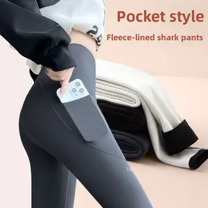 UltraSculpt High Waist Fleece Leggings for Women – Tummy Control & Hip Lift Winter Yoga Pants with Side Pockets, Warm ThighMaster-Compatible Sports Cycling Shark Pants