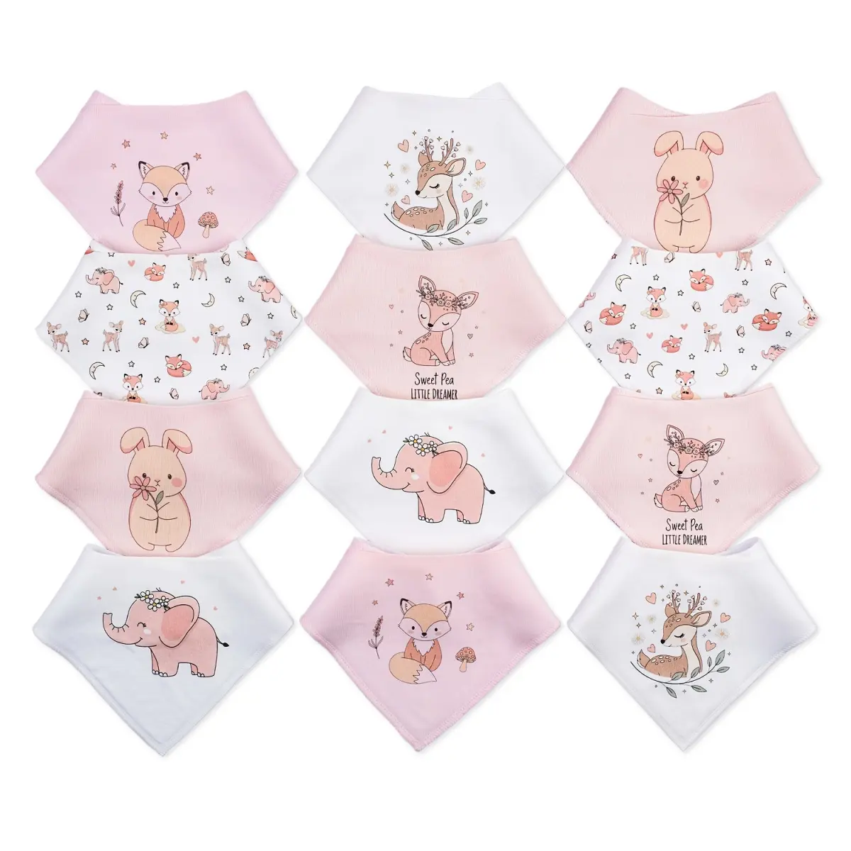 12-Pack Cartoon Baby Triangle Bibs for Boys & Girls, Adjustable Snap Cotton Bandana Bib Set, Soft Absorbent Drool & Feeding Bibs for Teething, Eating & Everyday Wear All Season