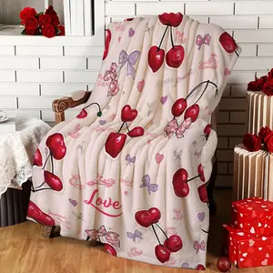 1pc Heart-Shaped Cherry Pattern Blanket - Soft Flannel, Romantic Love-Themed Design with Red Cherries & Hearts, Perfect for Bedroom, Living Room, Valentine'S Day Gift | Romantic Decor | Plush Texture, Cherry Soft Blanket, Yoga Pose Christmas