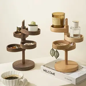 Multi-Tier Rotating Desktop Organizer, Creative Solid Wood Storage Rack, Key Tray, Jewelry & Accessory Holder, Round New Zealand Pine Wood Cosmetic Shelf with Natural Finish Wooden Original