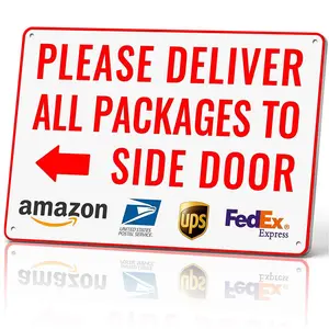 Please Deliver All Packages To Side Door Metal Sign 12x8 In Aluminum, Vintage Delivery Tin Sign for Home, Porch, Entryway, Retro Package Delivery Wall Art for Amazon, USPS, 12x8 Inch Aluminum Plaque