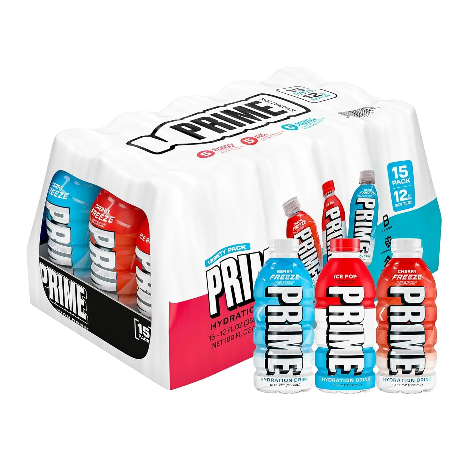 PRIME HYDRATION Variety, Berry Freeze, Cherry Freeze, & Ice Pop Sports Drinks, Electrolyte Enhanced to Replenish Fluids, Zero Added Sugar, B Vitamins, Antioxidants, Natural Flavors, 12 Fl Oz, 15 Pack