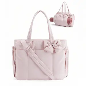 Quilted Down Bags Crush Bow Tote Bag for Women 15.6" Laptop Friendly Lightweight Puffy Handbag with Removable Bow & Multiple Compartments for Travel Work Beach Gym 23L Capacity TikTokShopBlackFriday