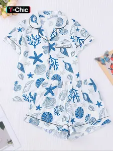Women's Shell Print Top & Shorts Pyjama Two-piece Set, Casual Comfy Short Sleeve Top & Elastic Waist Shorts PJ Set, Ladies Summer Sleepwear, Pajamas Sets