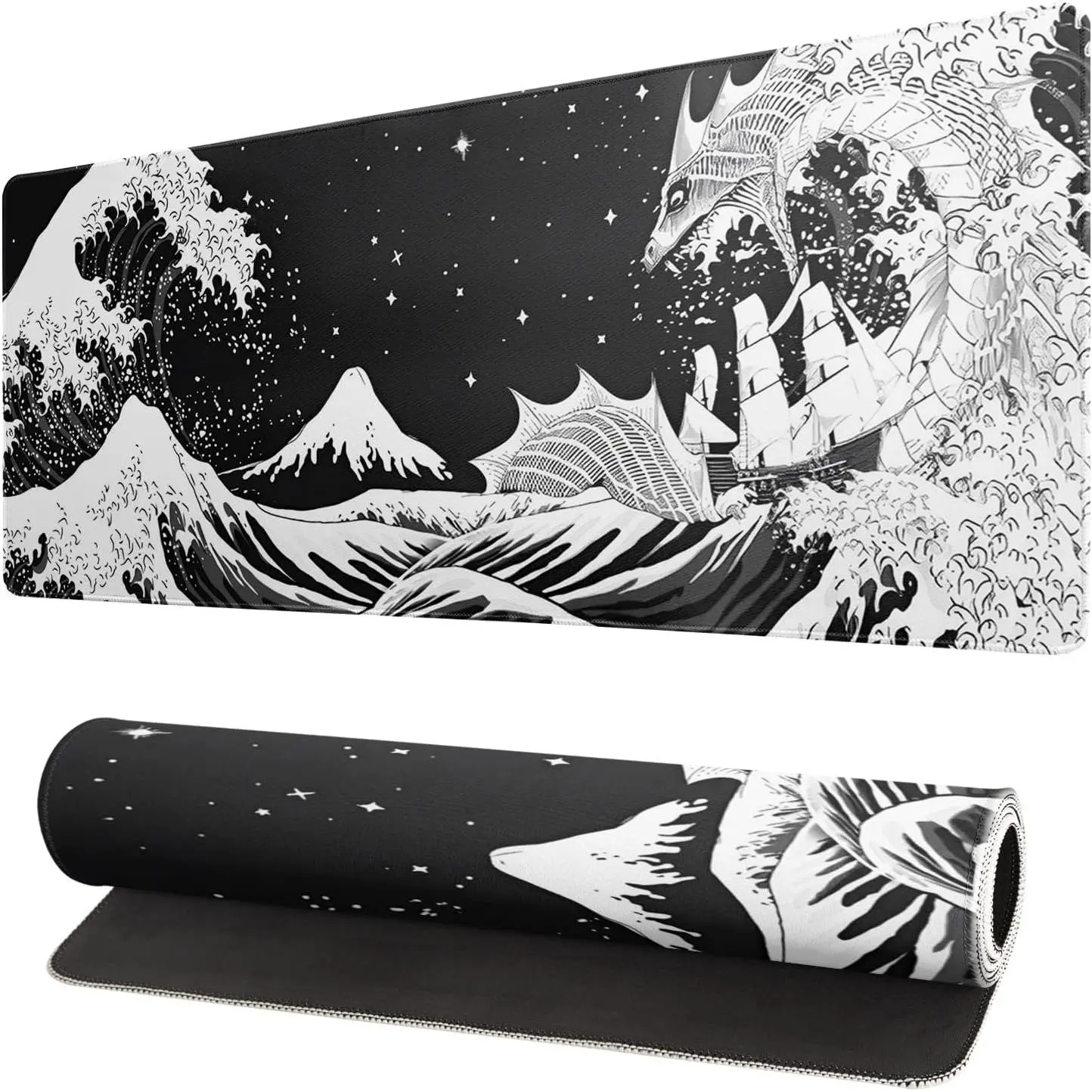Gaming Mousepad, Black and White Japanese Wave Dragon Design - Abstract Mat with Non-Slip Rubber Base, 24x14 in Stitched Edges, Desk Pad for Office, Home, Desk Accessories