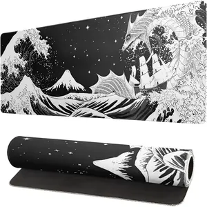 Black and White Japanese Wave Dragon Gaming Mouse Pad - Abstract Mat with Non-Slip Rubber Base, 24x14 Inch, Stitched Edges - Desk Pad for Office and Home
