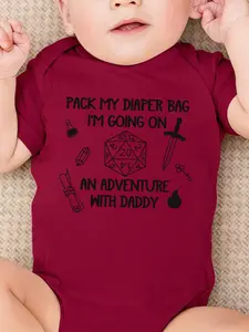 Cute short-sleeved crawling clothes for newborn baby boys with "PACK MY DIAPER BAG I'M GOING ON AN ADVENTURE WITH DADDY " cartoon prints, suitable for both boys and girls, perfect pregnancy gift, baby's triangle one-piece clothes