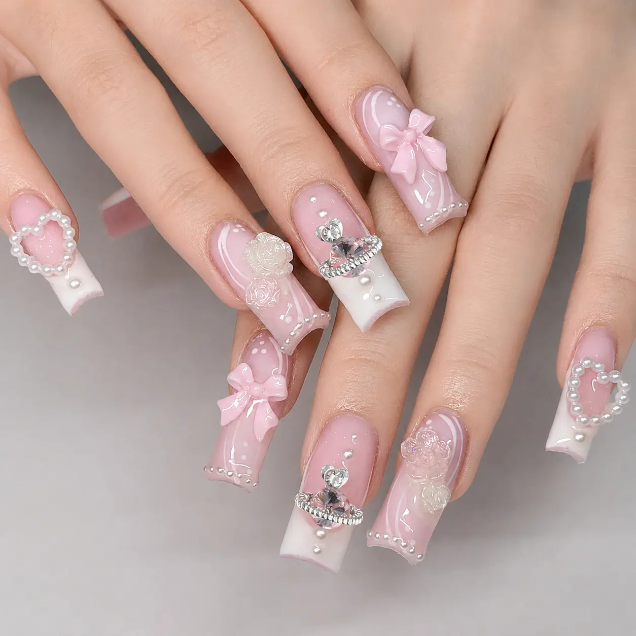 24-Piece Long Square Press-On Nails Set, Pink 3D False Nails with Pearl, Bow, Star, Flower & Ghost Designs for DIY Nail Art