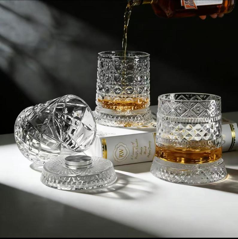 Viski Revolve Crystal Rocks Glass 10 oz Lead-Free Spinning on HiddenBump Dishwasher Safe Drinkware Cup Tumblers Home Bar Whiskey Gift Bottles  Luxury 360°Spinning CrystalGlass-Star-CutStress Relief Whiskey & Wine Glass, ElegantEuropean Barware