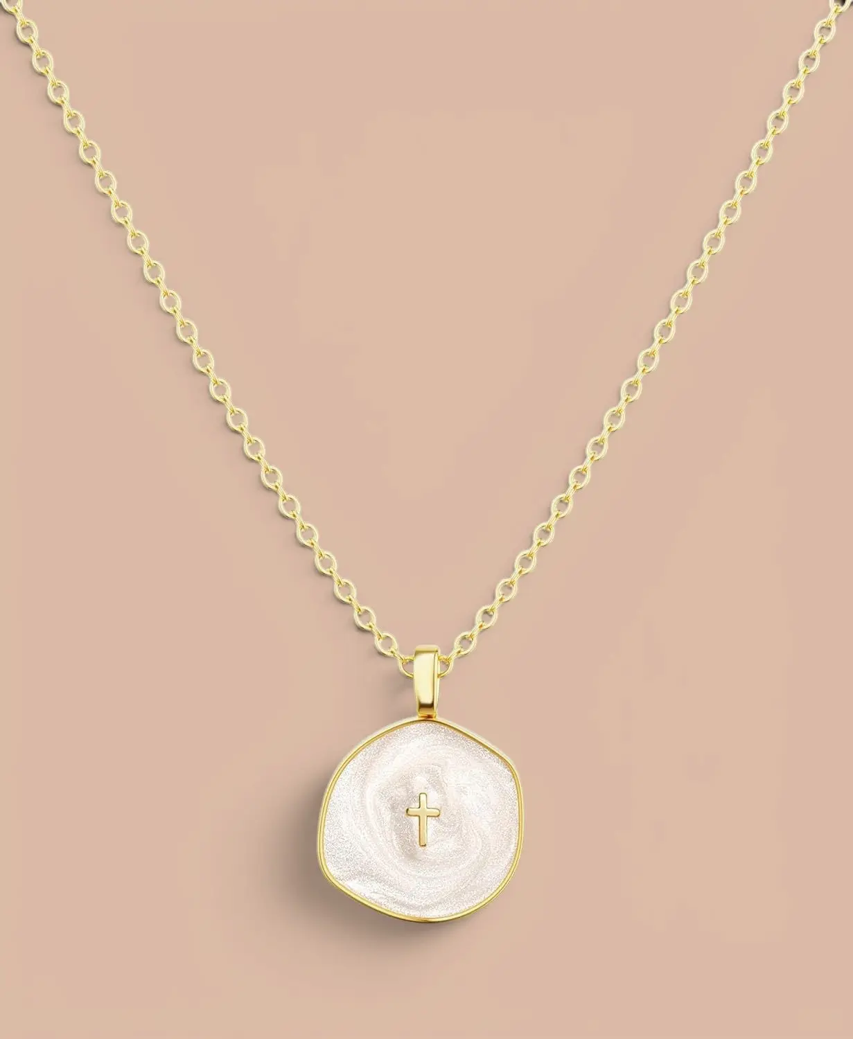 Mother of Pearl Coin Pendant Necklace, Gold Tone Shell Necklace, Delicate Coastal Jewelry Gift