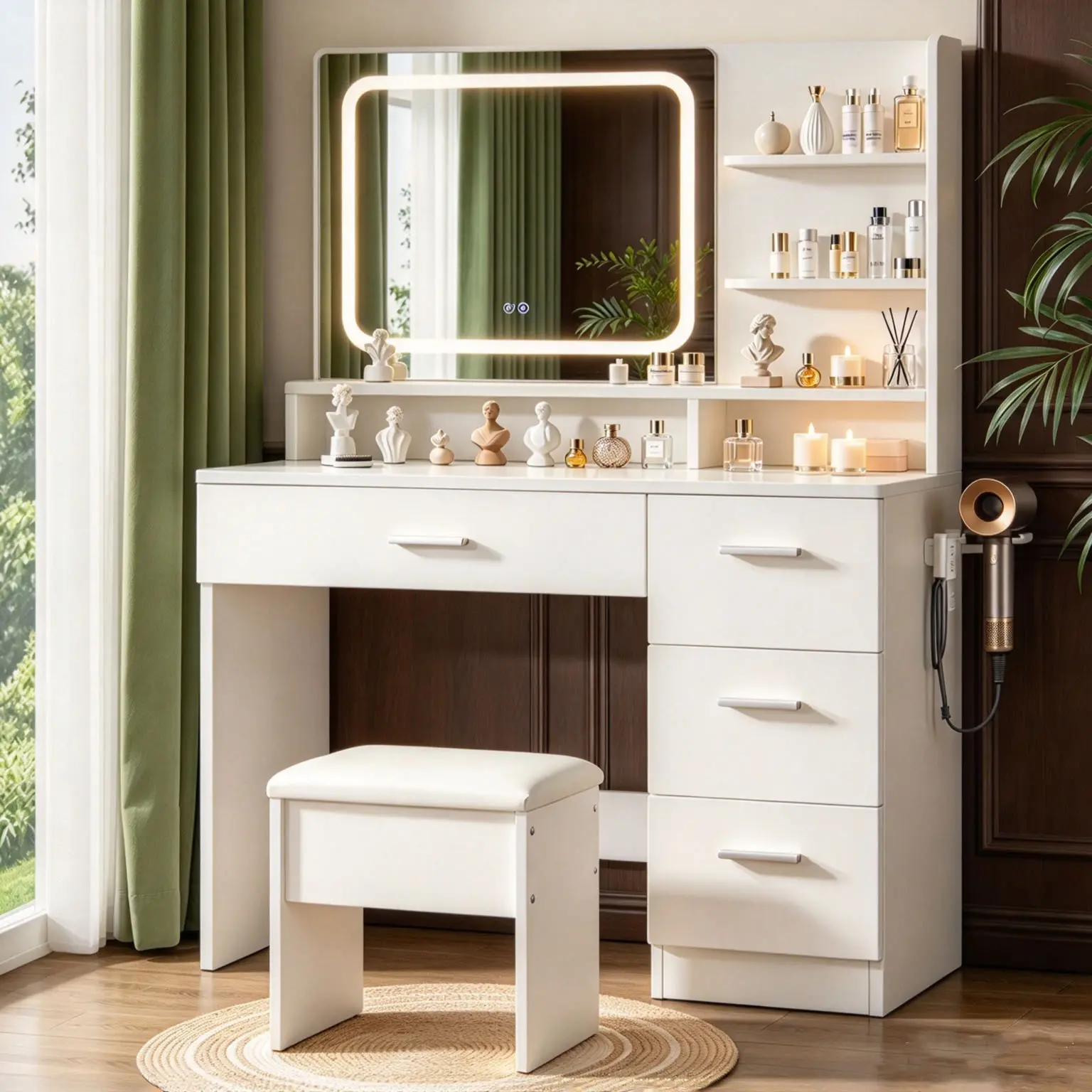 White vanity table includes LED mirror, modern dressing table set with storage drawers and seat; suitable for bedrooms, living rooms, dormitories, etc. cabinet rgb usb power fusou desk special glossy organizer safety top transparent