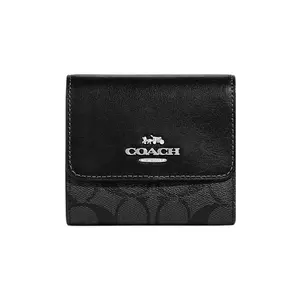 COACH Trifold Wallet with Signature Coated Canvas and Smooth Leather for Men