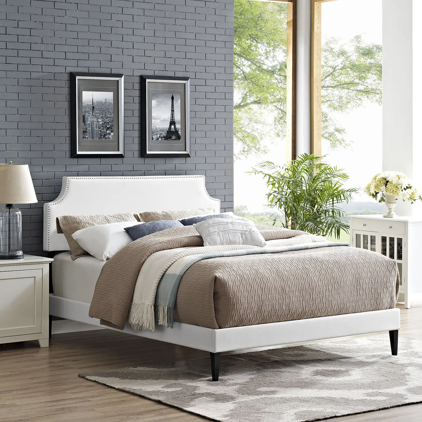 Modway Laura Vinyl Upholstered Headboard Queen Frame Bed, Squared Tapered Legs, Enhanced Stability, Retro Look, White