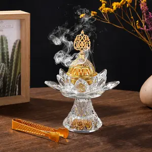 Arabian Crystal Incense Burner Lotus Base Candle Holder, Middle Eastern Decorative Ornament Party Prop, Includes Charcoal Tongs, Fragrance Incense