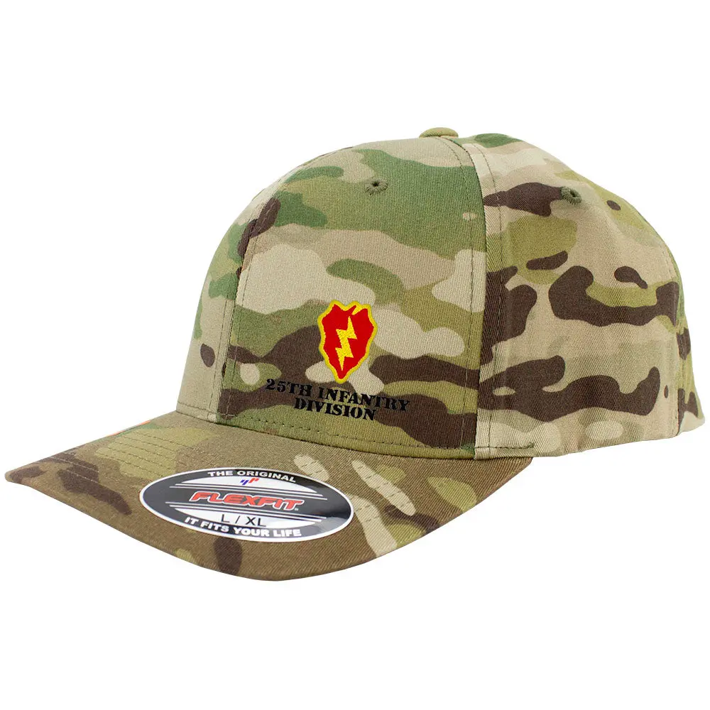 FlexFit Baseball Cap, 25th Infantry Division Multicam Camouflage, Structured Casual with 3-1/2" Crown, 63% Poly Blend, Cotton, Fitted, Pre-Curved Visor, Mid-Profile