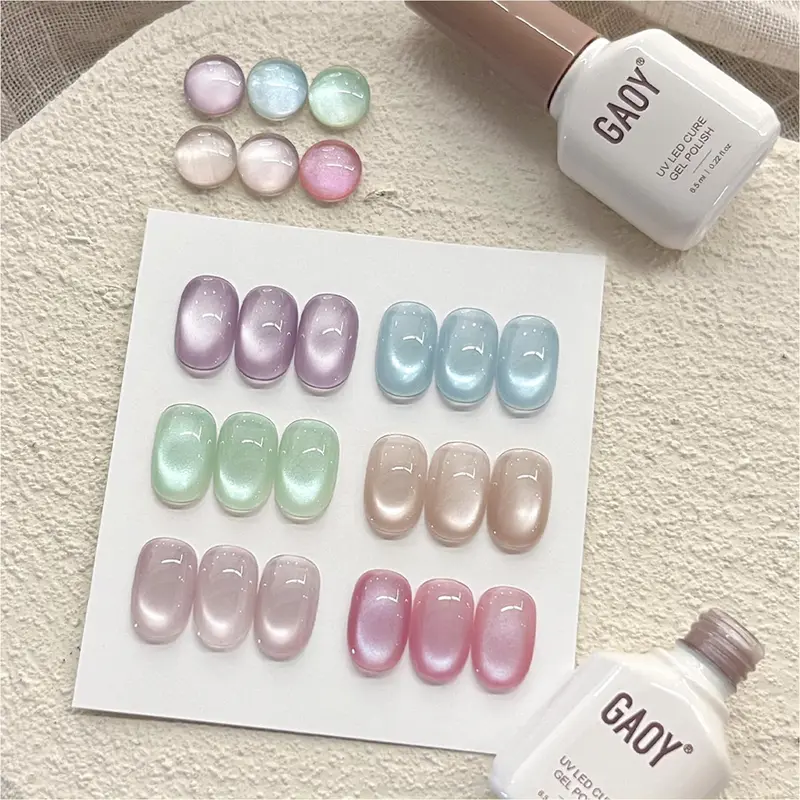 GAOY Glass Cat Eye Gel Nail Polish Set 6 Colors, Summer Whisper | Pastel Icy Sheer Crystal Clear Holographic, Holiday Beach Nail Art, UV Lamp Required, Salon Gel Manicure Pedicure