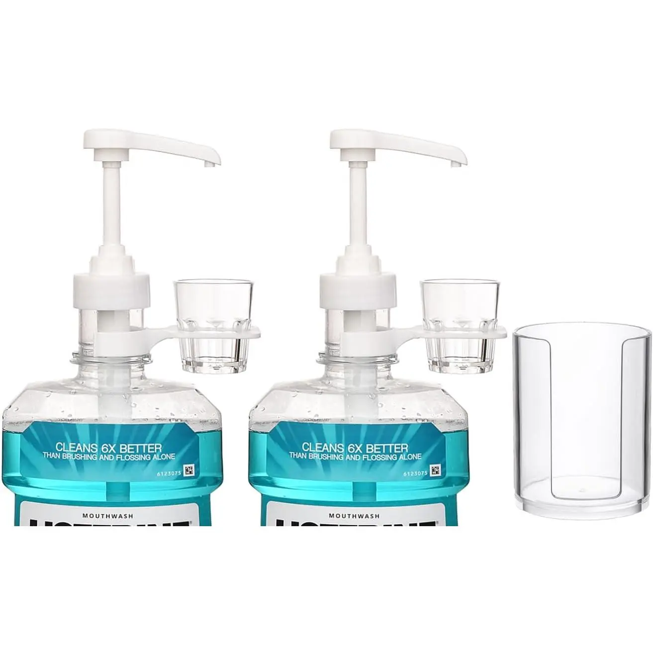 Dispenser Pumps for Listerine 1 or 1.5 Liter Mouthwash Bottles with Cup Holders, Resuable Cups and Clear Plastic Paper Cup Dispenser - Fits Total Care, , Zero , Cool Mint, etc