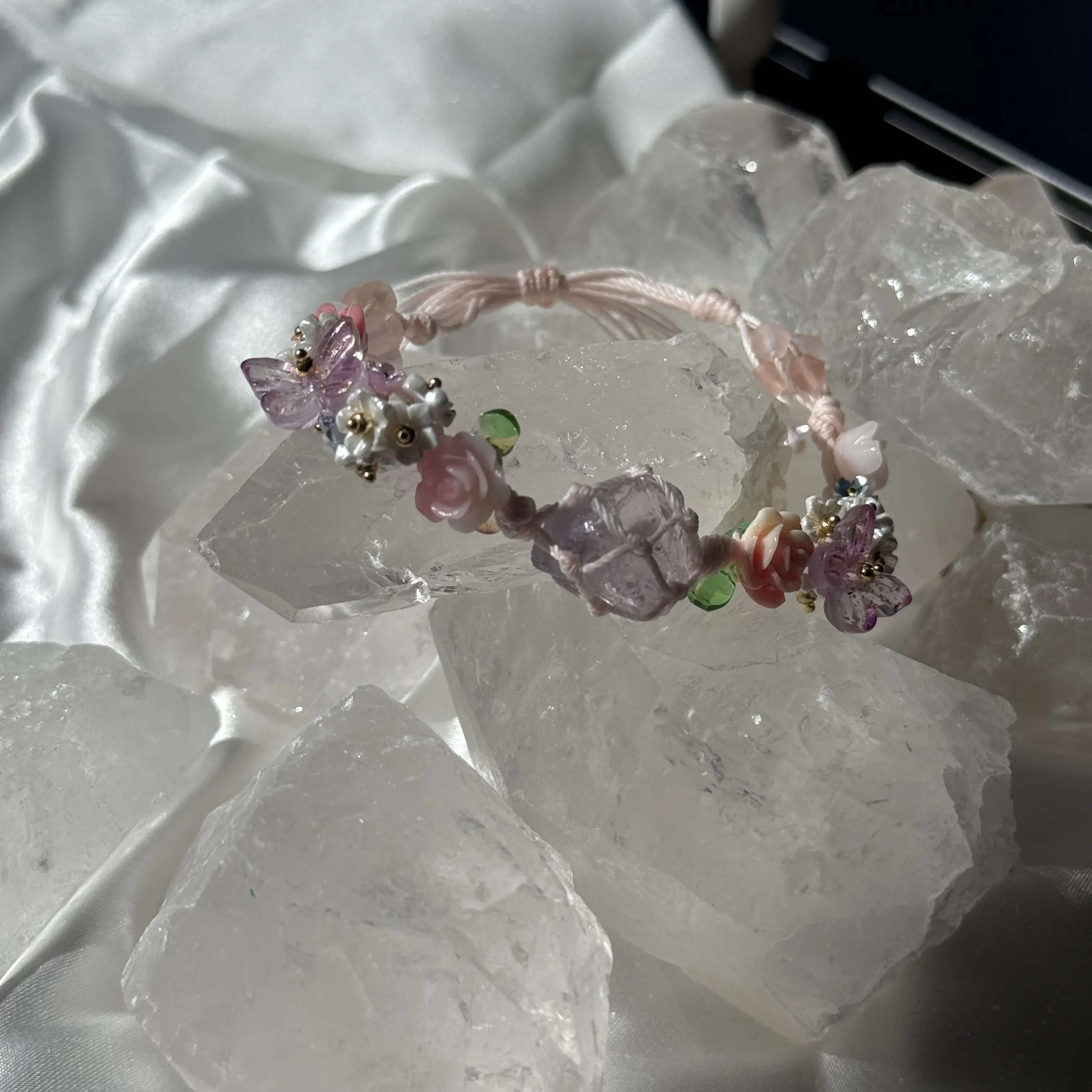 Belle Flowers in Bloom macrame bracelet, Amethyst, Handmade Handcrafted Natural Gemstone Crystal Bracelets, Rose quartz Love Stone, simple beauty of flowers, butterfly, romantic, romance