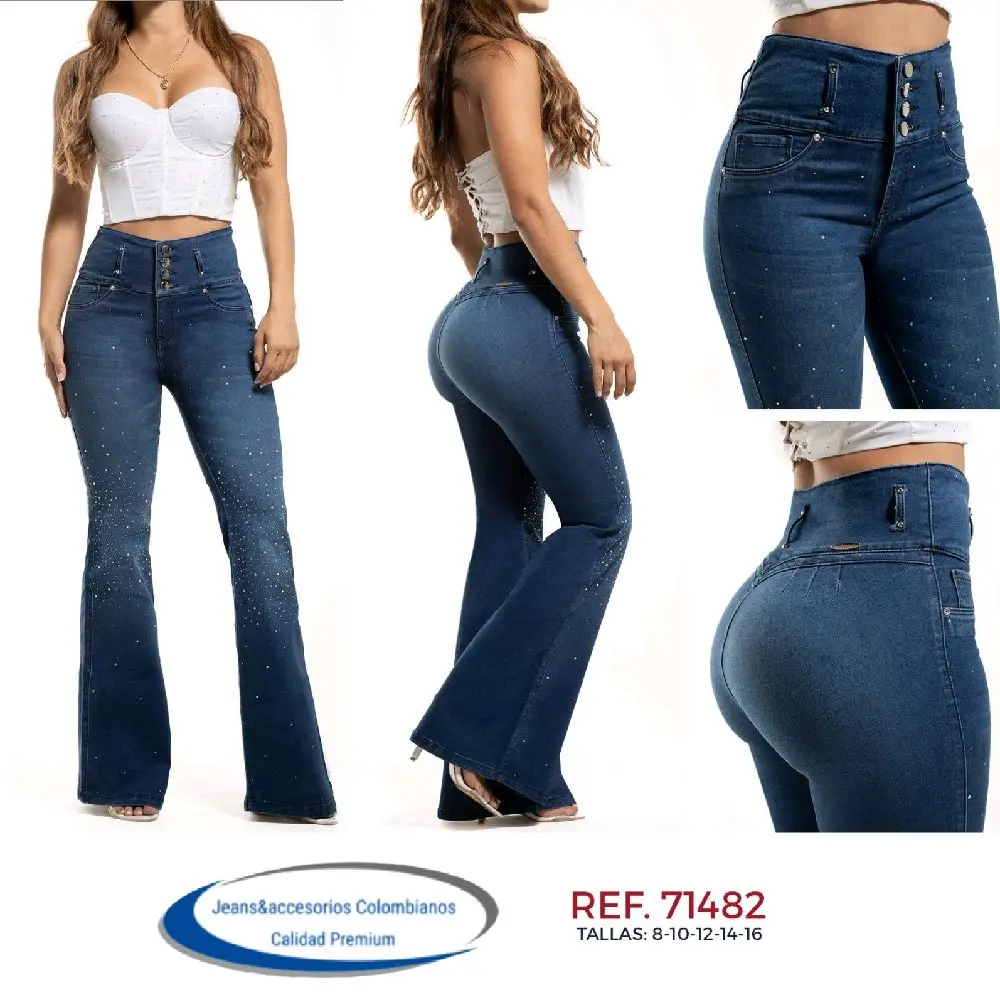 Colombian Bell-bottom Jeans, Dark Blue with embroidered design decorated with rhinestones