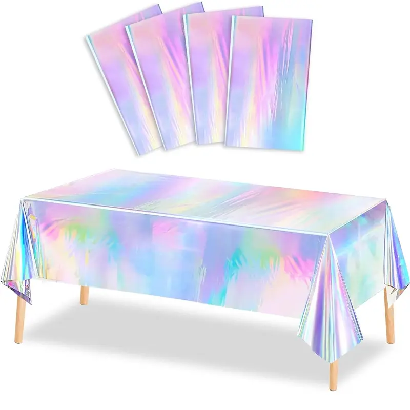 4 Counts Iridescence Plastic Tablecloths Shiny Disposable Laser Table Covers Sequin Holographic Foil Tablecloths for Birthday, Wedding, Party, Picnic, Buffet, Holiday, Event Decorations Lightweight