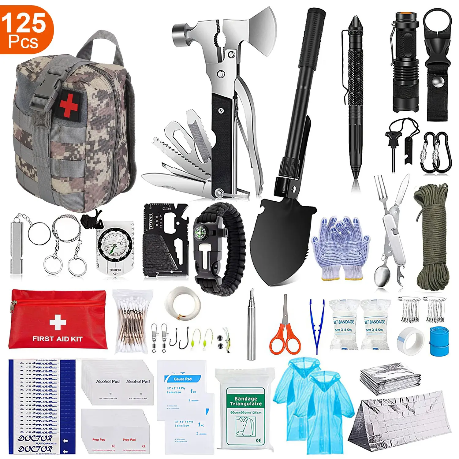 125Pcs Professional Emergency Survival Kit with Tactical Tools, EDC Tool & First Aid Supplies for Outdoor Camping, Hiking