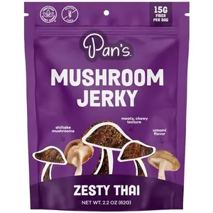 Pan's Mushroom Jerky, Organic, Vegan Snacks, Dried Mushrooms Shitake, Plant based Jerky, Meatless Jerky, Gluten Free, High in Fiber, with Zesty Thai flavor (2.2 Ounce, Pack of 1)