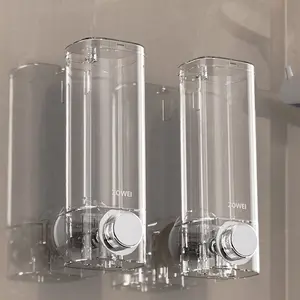 Wall Mounted Soap Dispenser | No Drill Clear/Black Plastic Press Type Shampoo & Shower Gel & Conditioner Container | Hand Soap Dispenser & Organizer for Bathroom, Hotel, Kitchen & Home