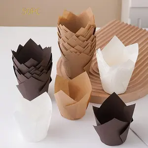 50PCS Tulip Cupcake Liners Flame Muffin Paper Cups Oil-proof High Temperature Resistant Baking Cups for Kitchen Bakery