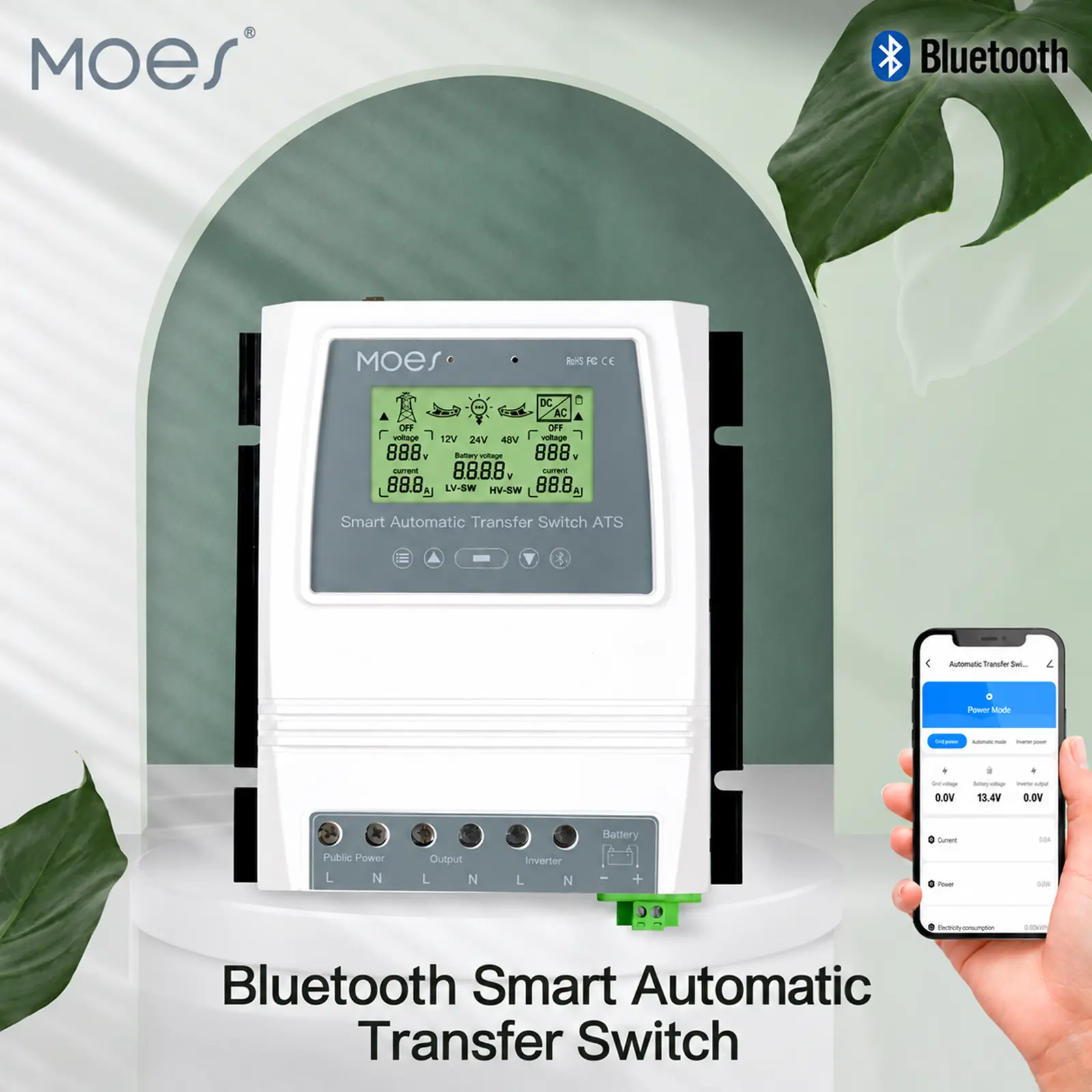 MOES 80A 8000W Bluetooth Dual Power Solar Charge Controller with Automatic Transfer Switch, 12V / 24V / 48V Auto-Recognition, Real-Time LCD Monitoring, Suitable for Entire Sheds, RVs, Cabins, and Off-Grid Inverter Systems.