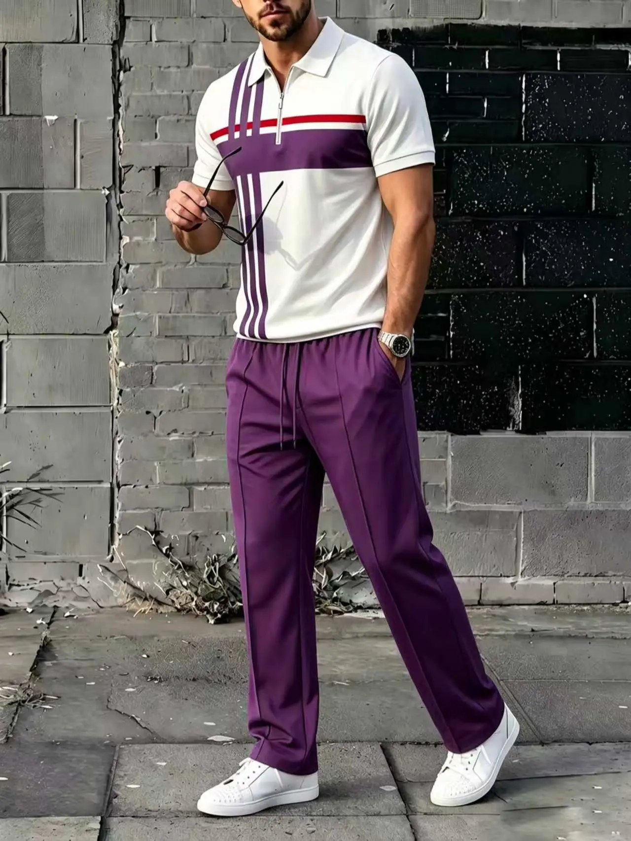 men's 2 piece sets New men's casual sports set with contrasting printed zipper collar short sleeved top and casual pants set, featuring geometric patterns in various colors and sizes, suitable for all seasons and can be used as a gift