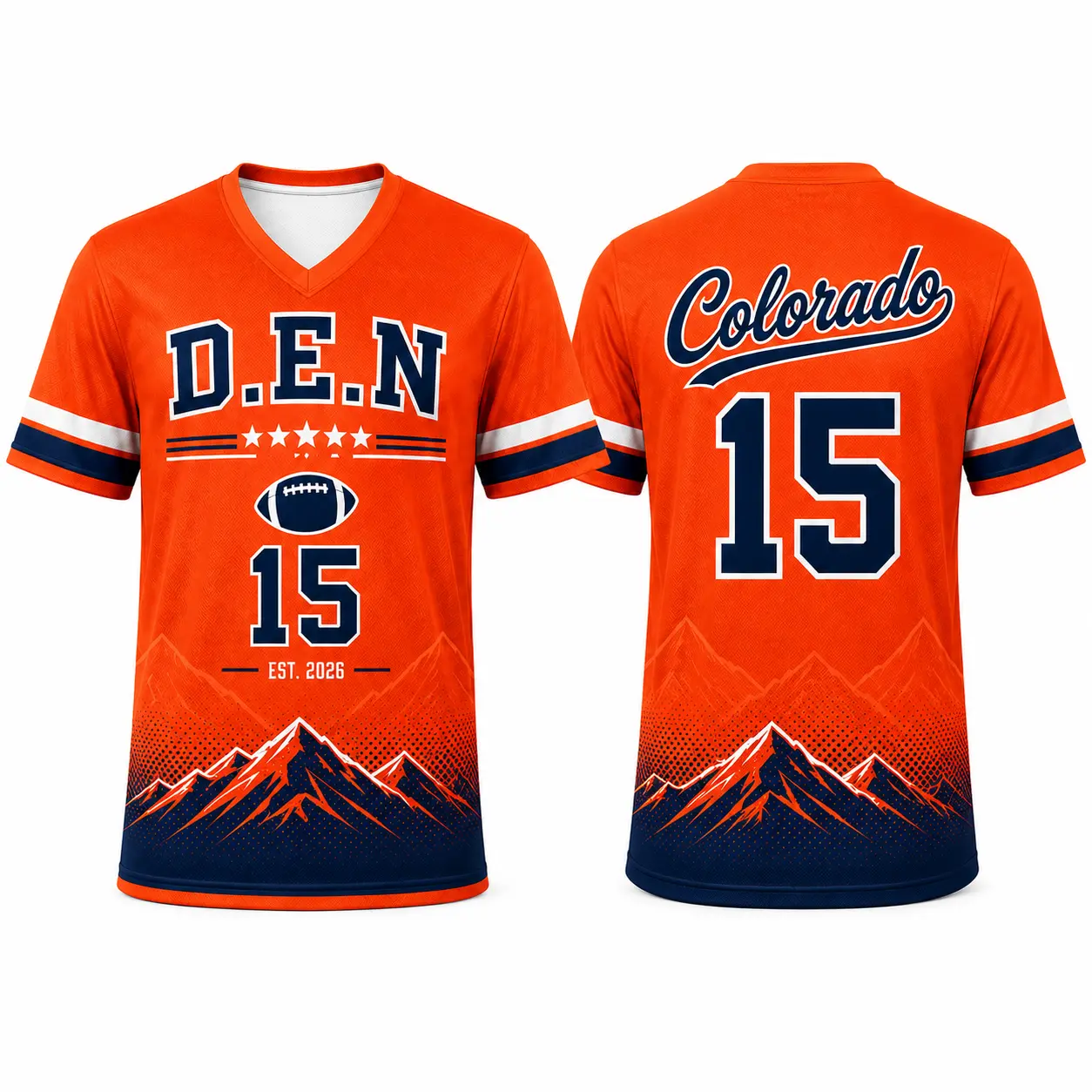 D.E.N 15 V-Neck Football Style Shirt for Men Women, Orange Blue Original Game Day Sports Jersey Tee, Colorado-Inspired Mountain Graphic Short Sleeve Athletic Top for Tailgate, Sports Events, Casual Streetwear, Sporty Chic, Football Fashion