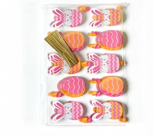 Clear Packaged Easter Bunny Egg Picks Set, Pink Orange Wavy Decorations with Gold Wire Sticks
