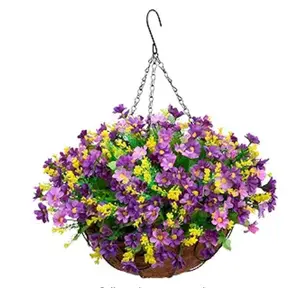 Artificial Hanging Flowers in Basket Outdoor Indoor Patio Lawn Garden Decor, Hanging Daisy with 12inch Coconut Lining Chain Flowerpot (Dark Purple)