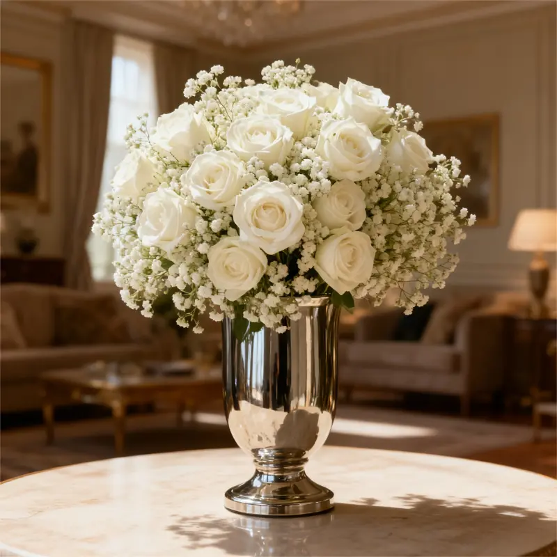 Artificial flower bouquet set with white baby's breath and white roses, Decorative flowers, Artificial Flower Decorations, suitable for weddings, home and office decoration, spring floral parties, Valentine's Day