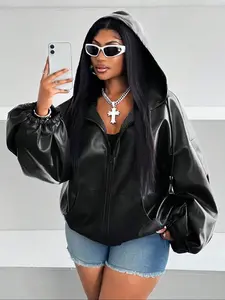 Plus Size Leather Hooded Jacket, Coats, Bubble Sleeves & Zipper, Loose Fit, Cool and Trendy, Fall & Winter Fashion