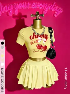 Women's Cherry Print Short Top, Sweet Cool Y2K Style, Casual, Slim Fit Short Sleeve T-Shirt, Perfect for Summer Streetwear and Parties