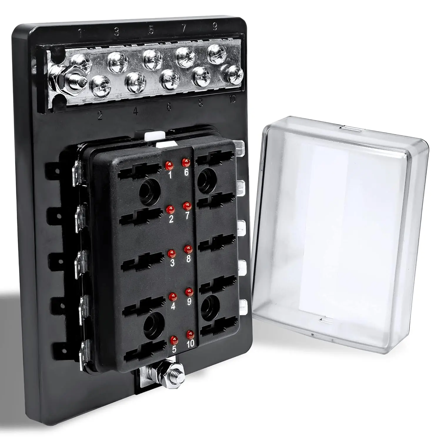 True Mods 10-Way Blade Fuse Block with Integrated Negative Busbar (Pack of 1), 100A ATC/ATO Fuse Box for Automotive-Marine, 12V-30V DC, LED Indicator, Protection Cover, Copper Components, Impact-Heat-Corrosion Resistant, Accepspwr0036