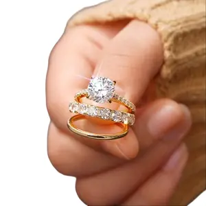 Women's 3-Piece Gold Plated Stackable Wedding Ring Sets, 4-Prong Cubic Zirconia Luxury Jewelry for Engagement, Anniversary
