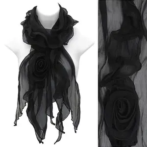 Beautiful Rose Floral Corsage Chiffon Lightweight Fashion Scarf Black