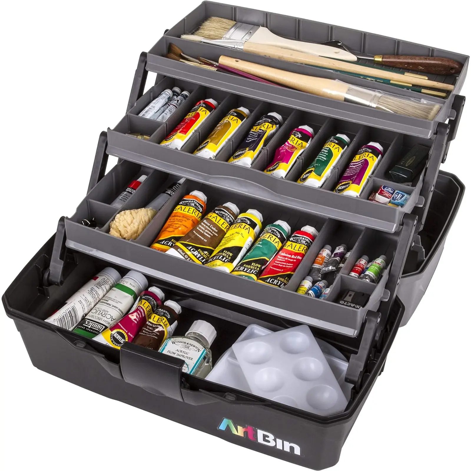 3-Tray Art Supply Box Versatile Organizer for Brushes, Paints, Stamps, and More - Durable Hard Plastic, Secure Closure, Portable with Top Trays and Dividers