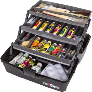3-Tray Art Supply Box Versatile Organizer for Brushes, Paints, Stamps, and More - Durable Hard Plastic, Secure Closure, Portable with Top Trays and Dividers