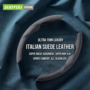 Universal steering wheel cover for all seasons, made of suede, ultra-thin, wear-resistant, suede-like surface, moisture-absorbing, anti-slip, suitable for 99% of cars, protective cover for men and women, interior decoration product