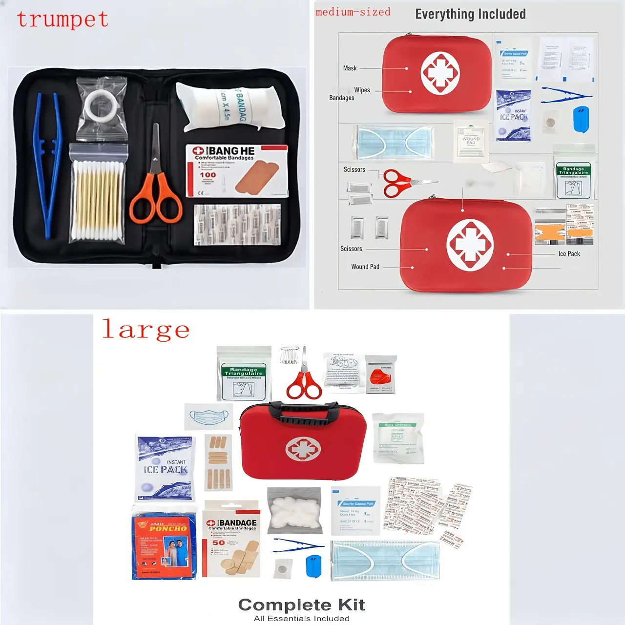 Portable First Aid Kits for Small/medium/large Sizes, Designed Specifically for Camping, Hiking, Hunting, And Various Outdoor Activities. They Are Equipped with Essential First Aid Supplies.