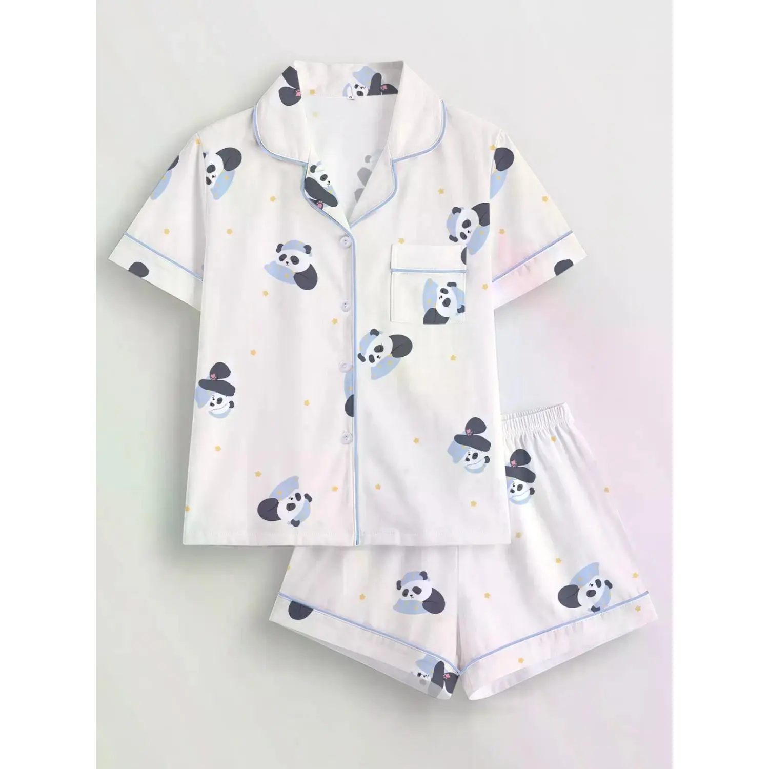 Women's Panda Print Pajama Set, Short Sleeve Button-Up Top & Elastic Shorts, Casual Homewear, Cozy Fitted Sleepwear for Every Season