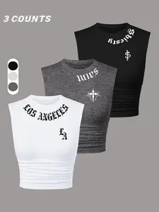 Summer Y2K Style Womenswear Crop Top Sleeveless Vest, Gothic Letter Print, Slim-Fitting Casual Wear for Teen Girls, Daily Fashion