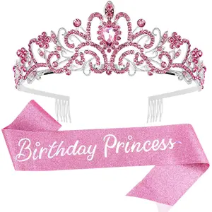 P-HDW034   Birthday Princess Crowns Tiaras, Girls Birthday Sash, Happy Birthday Decorations/Accessories for Women