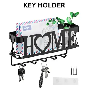 Key Holder for Wall with Mail Organizer, 5 Hooks Metal Key Rack with Mesh Basket, Entryway Storage & Home Decor, key holder for wall, wall key rack, mail and key organizer